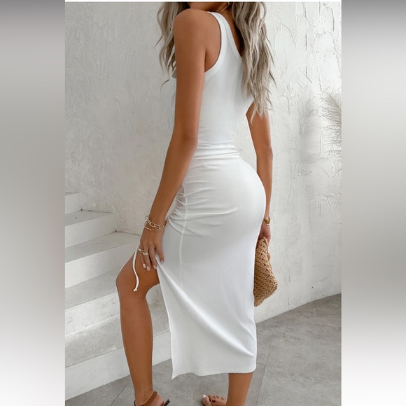 Chicme Side Slit Ruched Ribbed Tank Dress Drawstring Bodycon - Picture 2 of 13